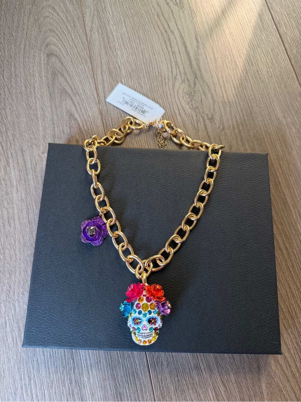 Betsey Johnson Gold-Tone Multicolor Sugar Skull Necklace with Floral Accents - Picture 2 of 4